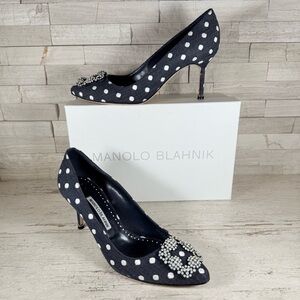 Manolo Blahnik Hangisi Women's SZ 39.5 Jacquard Denim Black Polka Dot Heel Shoes